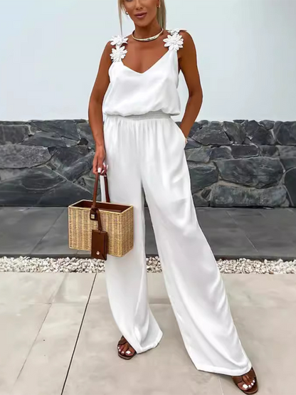 Jumpsuits - Wide-Leg Cami Blouson Jumpsuit with Floral Applique