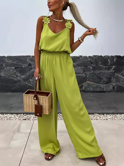 Jumpsuits - Wide-Leg Cami Blouson Jumpsuit with Floral Applique