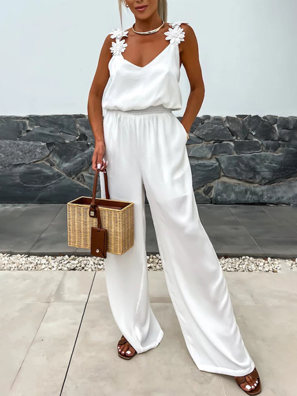 Jumpsuits - Wide-Leg Cami Blouson Jumpsuit with Floral Applique