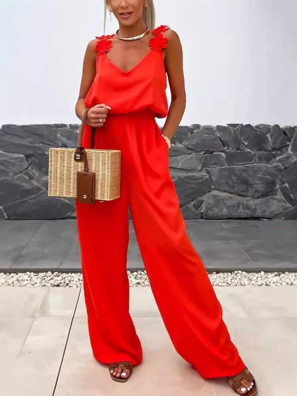 Jumpsuits - Wide-Leg Cami Blouson Jumpsuit with Floral Applique