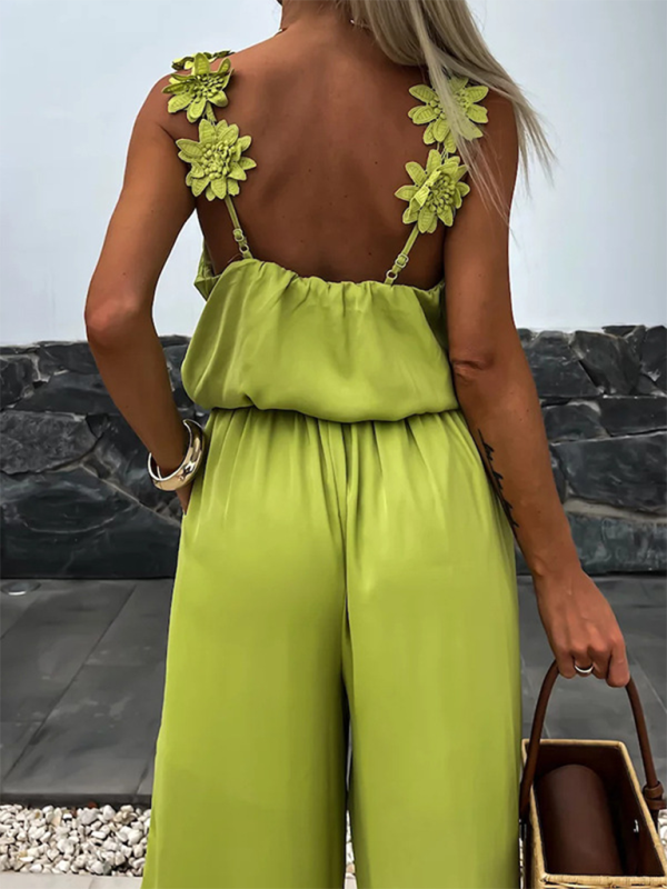 Jumpsuits - Wide-Leg Cami Blouson Jumpsuit with Floral Applique