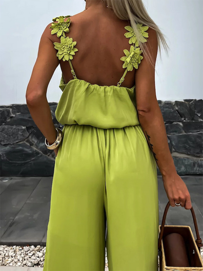 Jumpsuits - Wide-Leg Cami Blouson Jumpsuit with Floral Applique