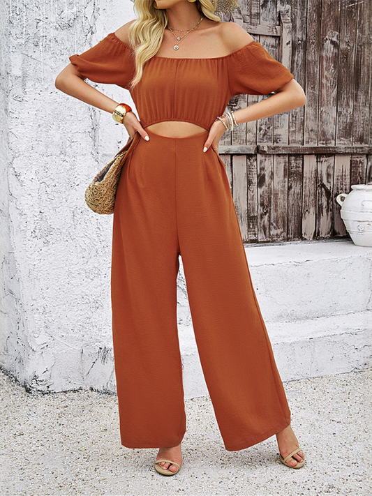 Jumpsuits- Wide-Leg Playsuit - Women’s Solid Off-Shoulder Jumpsuit- Brown- Pekosa Women Fashion