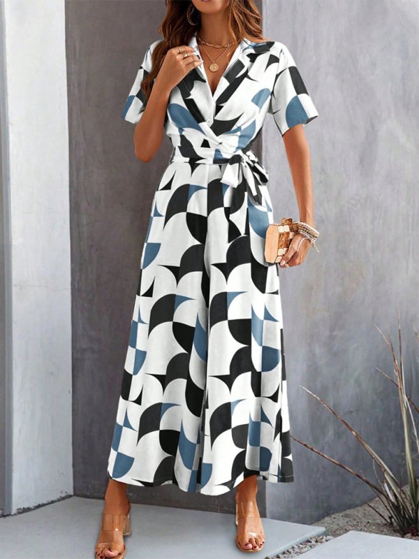 Women Elegant Geometric Jumpsuit - Belted Full-Length Playsuit