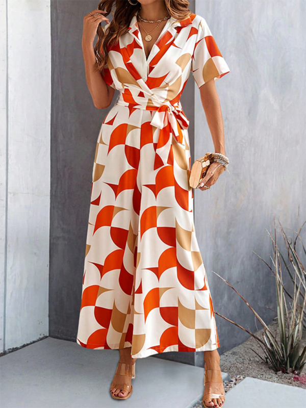 Women Elegant Geometric Jumpsuit - Belted Full-Length Playsuit