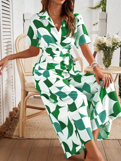 Women Elegant Geometric Jumpsuit - Belted Full-Length Playsuit