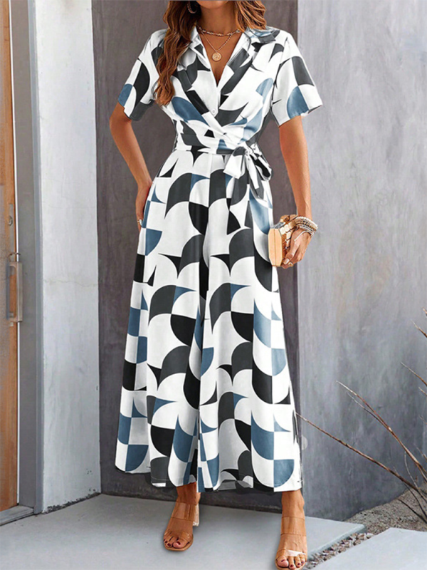 Women Elegant Geometric Jumpsuit - Belted Full-Length Playsuit