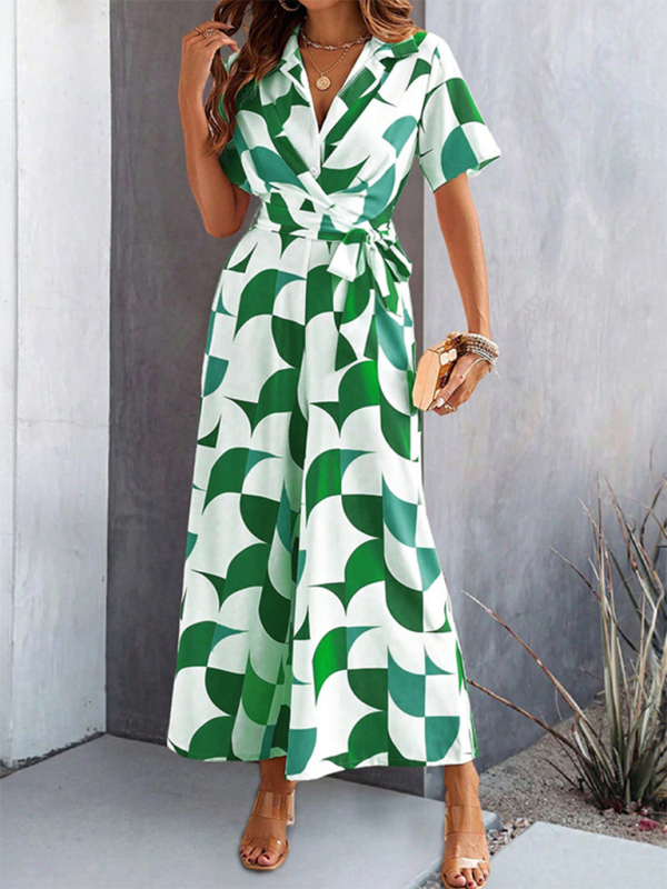 Women Elegant Geometric Jumpsuit - Belted Full-Length Playsuit