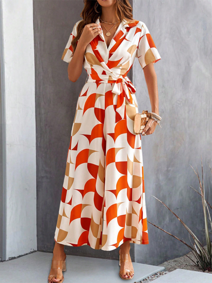 Women Elegant Geometric Jumpsuit - Belted Full-Length Playsuit