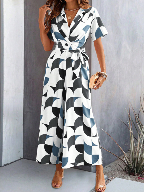 Women Elegant Geometric Jumpsuit - Belted Full-Length Playsuit