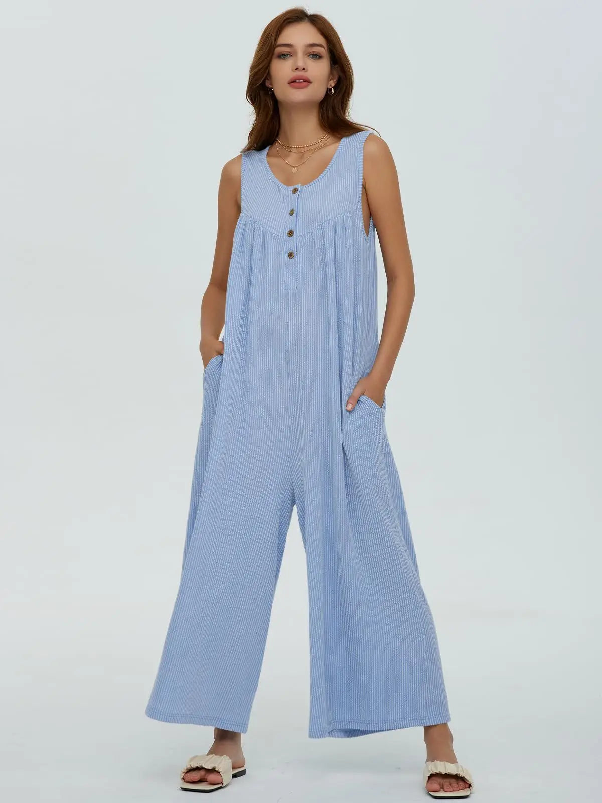 Jumpsuits- Women Textured Relaxed Fit Jumpsuit for Loungewear- Light Blue- Chuzko Women Clothing