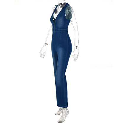 Jumpsuits- Women Washed Denim Zip-Up Jumpsuit- - Chuzko Women Clothing