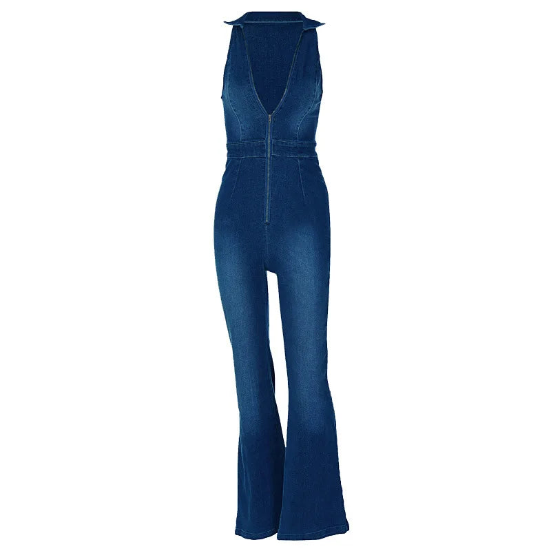 Jumpsuits- Women Washed Denim Zip-Up Jumpsuit- - Chuzko Women Clothing