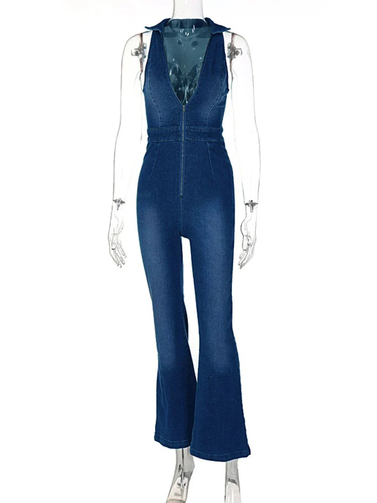 Jumpsuits- Women Washed Denim Zip-Up Jumpsuit- - Chuzko Women Clothing