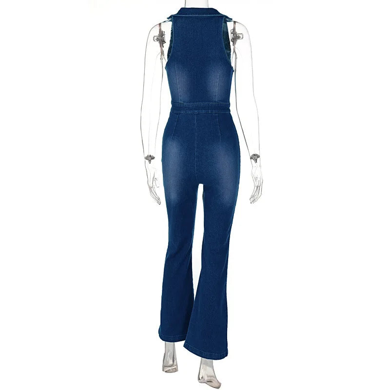 Jumpsuits- Women Washed Denim Zip-Up Jumpsuit- - Chuzko Women Clothing