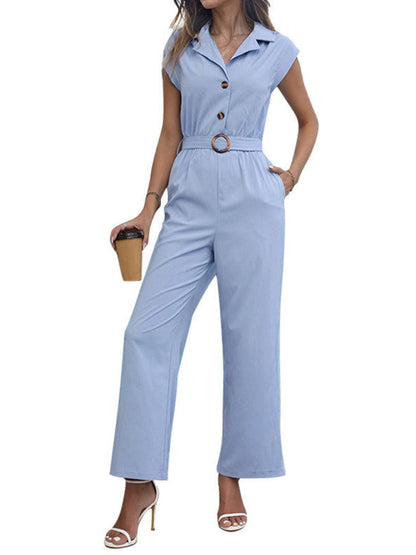 Jumpsuits- Women's Button-Up Playsuit - Full-Length Shirt Playsuit with Belt- - Pekosa Women Fashion