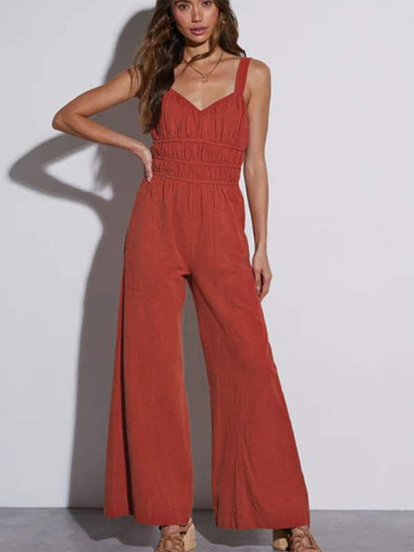 Jumpsuits- Women's Full-Length Jumpsuit with Gathered Waist- - Pekosa Women Fashion