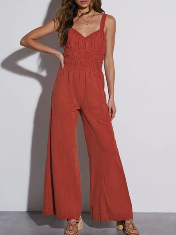 Jumpsuits- Women's Full-Length Jumpsuit with Gathered Waist- - Pekosa Women Fashion