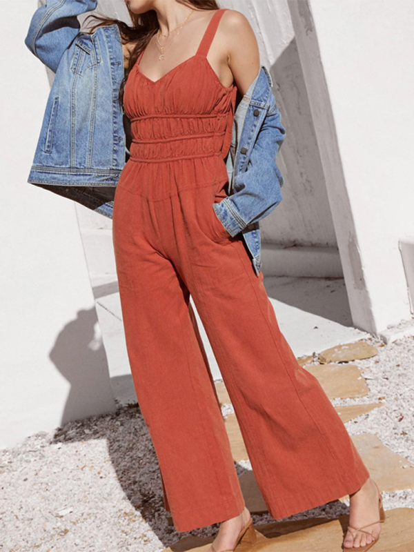 Jumpsuits- Women's Full-Length Jumpsuit with Gathered Waist- Orange Red- Pekosa Women Fashion