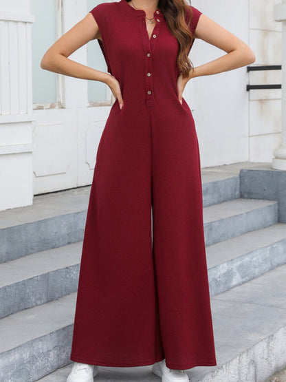 Jumpsuits- Women's Solid Wide-Leg Loose Jumpsuit - Oversized Playsuit- Wine Red- Pekosa Women Fashion