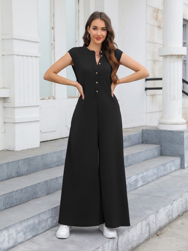 Jumpsuits- Women's Solid Wide-Leg Loose Jumpsuit - Oversized Playsuit- - Pekosa Women Fashion