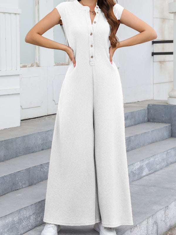 Jumpsuits- Women's Solid Wide-Leg Loose Jumpsuit - Oversized Playsuit- White- Pekosa Women Fashion