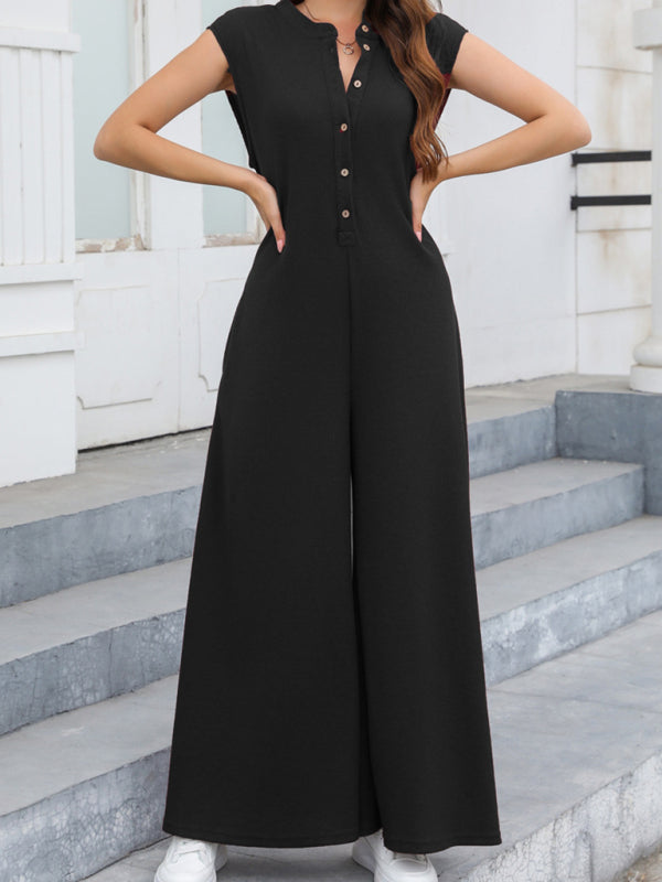 Jumpsuits- Women's Solid Wide-Leg Loose Jumpsuit - Oversized Playsuit- Black- Pekosa Women Fashion