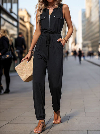 Women's Zip-Up Flap Pencil Jumpsuit - Playsuit with Gathered Waist