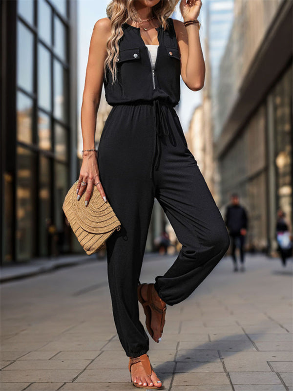 Women's Zip-Up Flap Pencil Jumpsuit - Playsuit with Gathered Waist