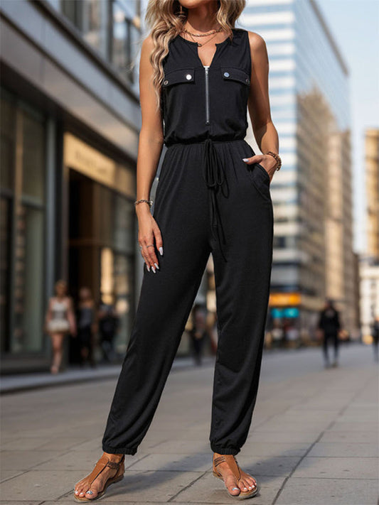 Women's Zip-Up Flap Pencil Jumpsuit - Playsuit with Gathered Waist