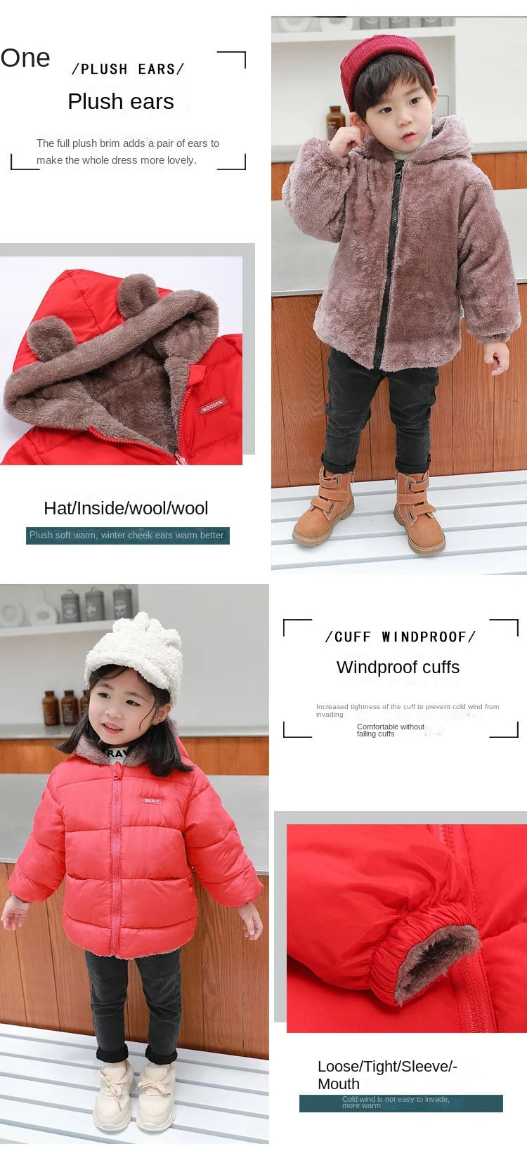 Kids Coats - Plush Ear Puffer Jacket Bear Hooded Outerwear for Kids