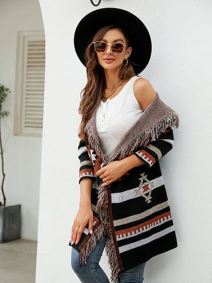 Knit Coats- Aztec Knit Western Fringe Shawl Collar Coat- - Pekosa Women Clothing