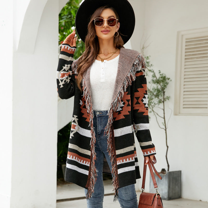 Knit Coats- Aztec Knit Western Fringe Shawl Collar Coat- - Pekosa Women Clothing