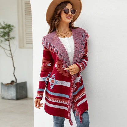 Knit Coats- Aztec Knit Western Fringe Shawl Collar Coat- - Pekosa Women Clothing