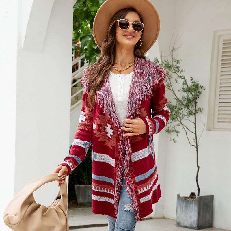 Knit Coats- Aztec Knit Western Fringe Shawl Collar Coat- - Pekosa Women Clothing