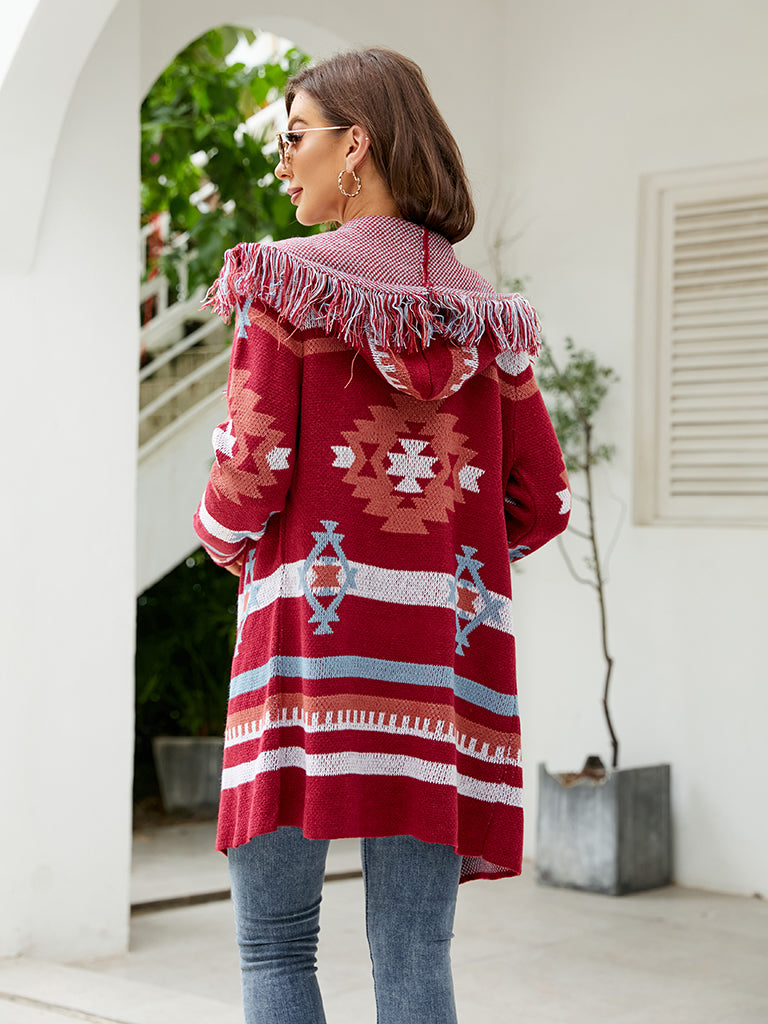 Knit Coats- Aztec Knit Western Fringe Shawl Collar Coat- - Pekosa Women Clothing