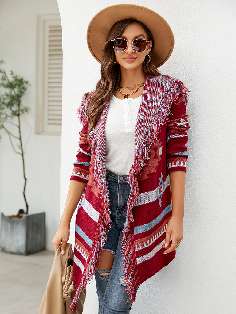 Knit Coats- Aztec Knit Western Fringe Shawl Collar Coat- - Pekosa Women Clothing