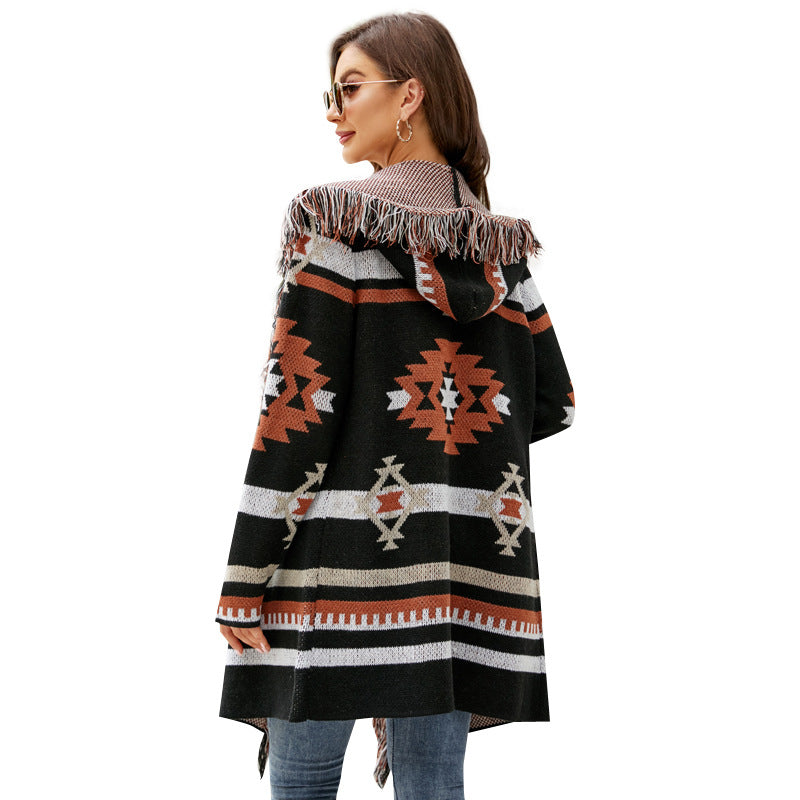 Knit Coats- Aztec Knit Western Fringe Shawl Collar Coat- - Pekosa Women Clothing