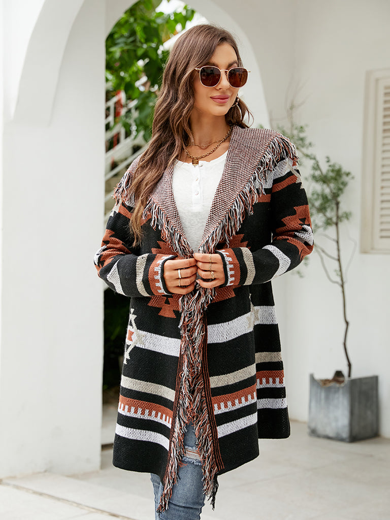 Knit Coats- Aztec Knit Western Fringe Shawl Collar Coat- - Pekosa Women Clothing