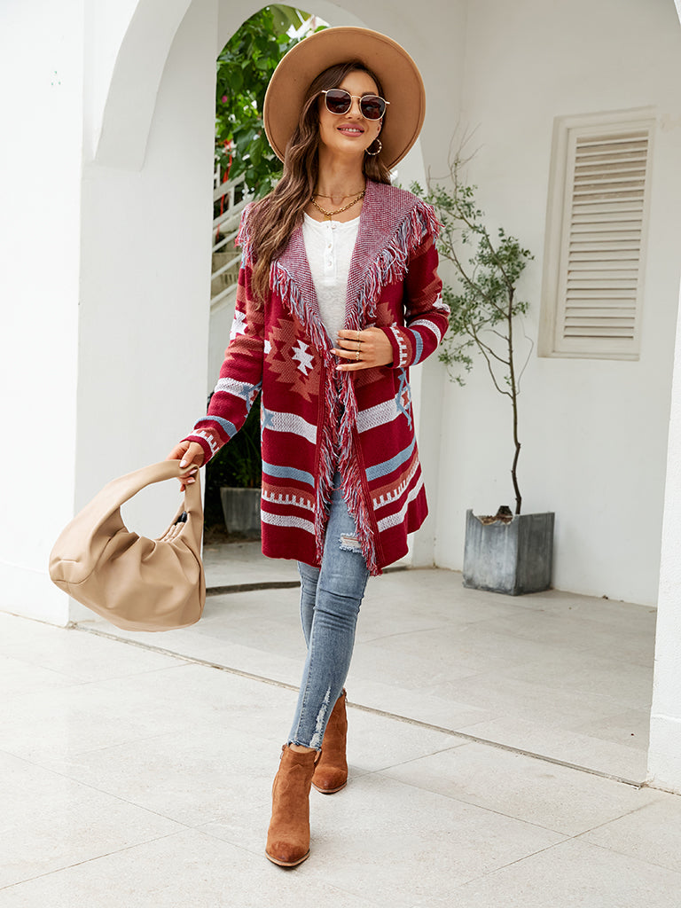 Knit Coats- Aztec Knit Western Fringe Shawl Collar Coat- - Pekosa Women Clothing