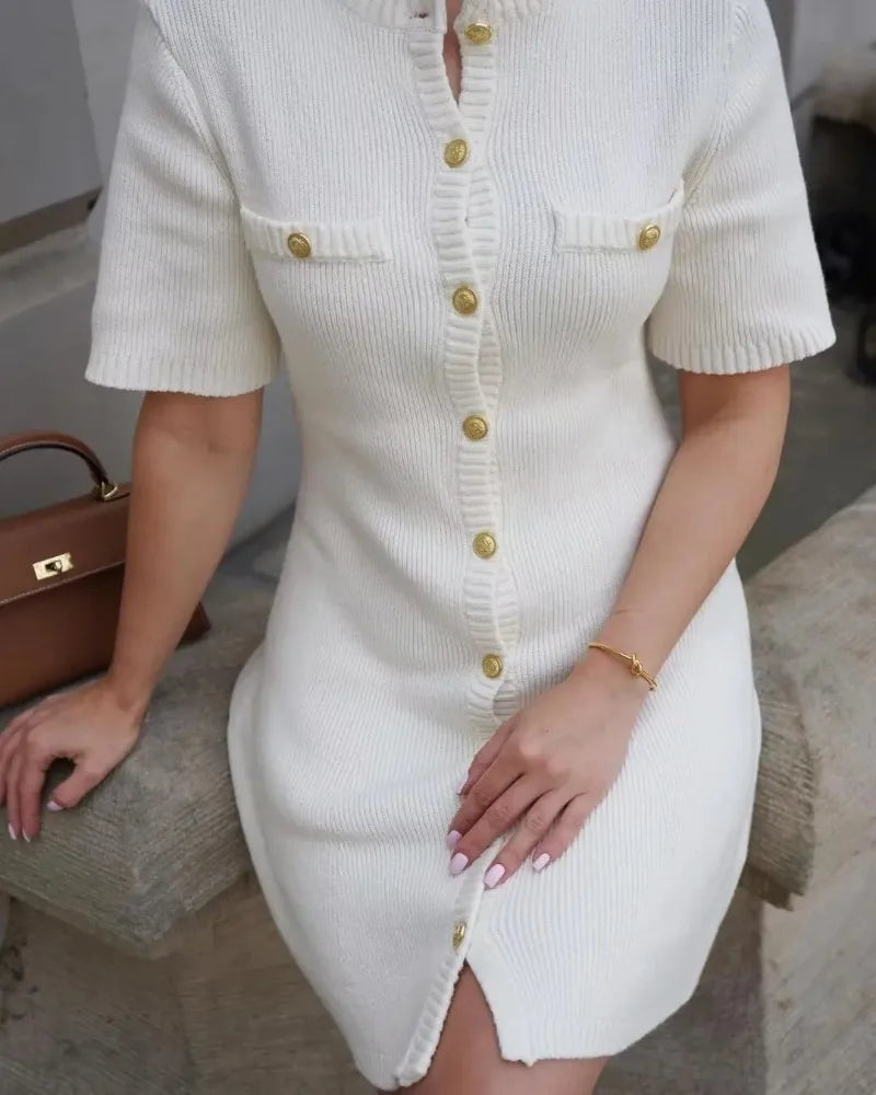 Knit Dresses - Casual Golden-Buttoned Knit Dress