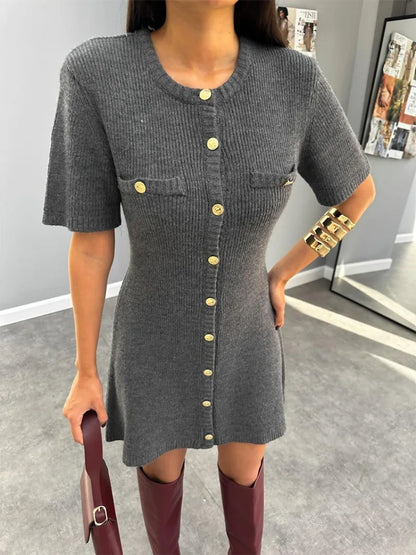 Knit Dresses - Casual Golden-Buttoned Knit Dress