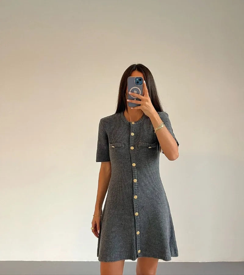 Knit Dresses - Casual Golden-Buttoned Knit Dress