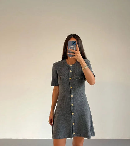 Knit Dresses - Casual Golden-Buttoned Knit Dress