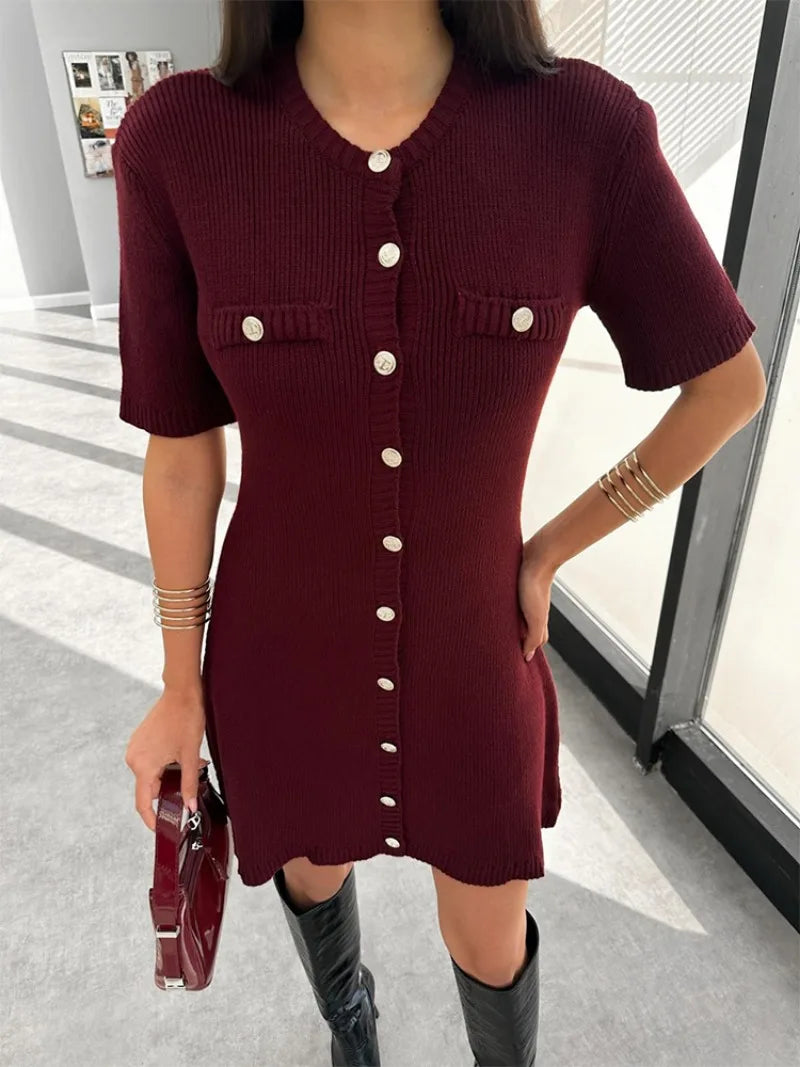 Knit Dresses - Casual Golden-Buttoned Knit Dress