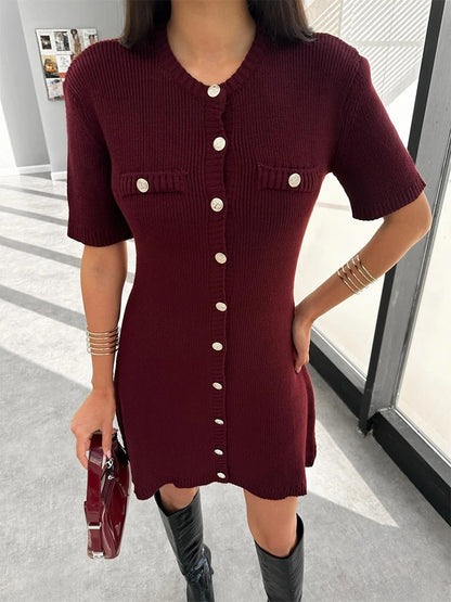 Knit Dresses - Casual Golden-Buttoned Knit Dress