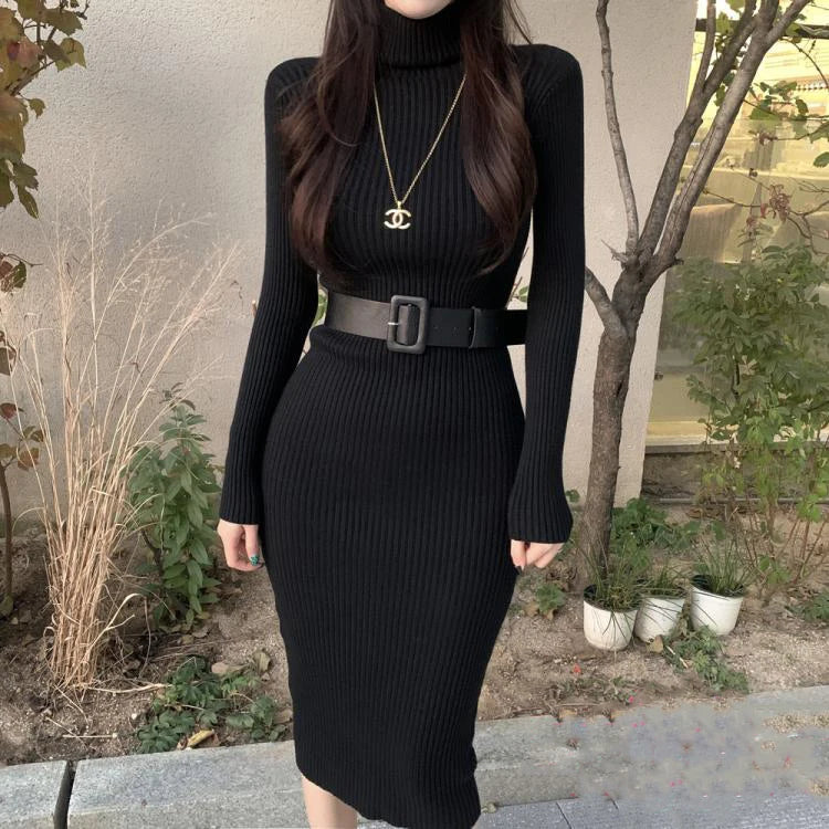 Knit Dresses- Long Sleeve Turtleneck Ribbed Knit Bodycon Midi Dress + Belt