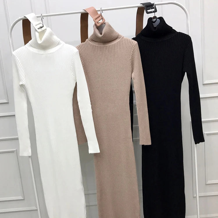 Knit Dresses- Long Sleeve Turtleneck Ribbed Knit Bodycon Midi Dress + Belt