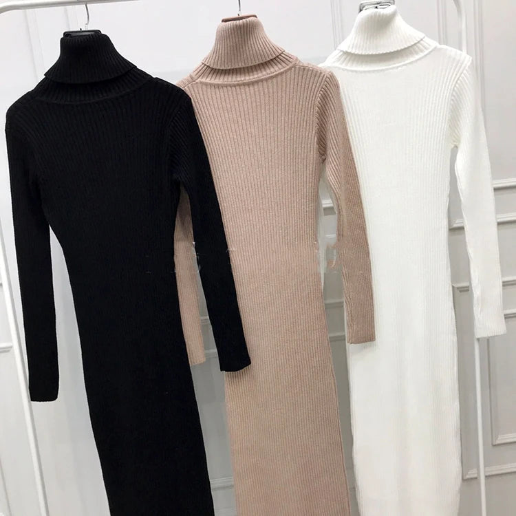 Knit Dresses- Long Sleeve Turtleneck Ribbed Knit Bodycon Midi Dress + Belt