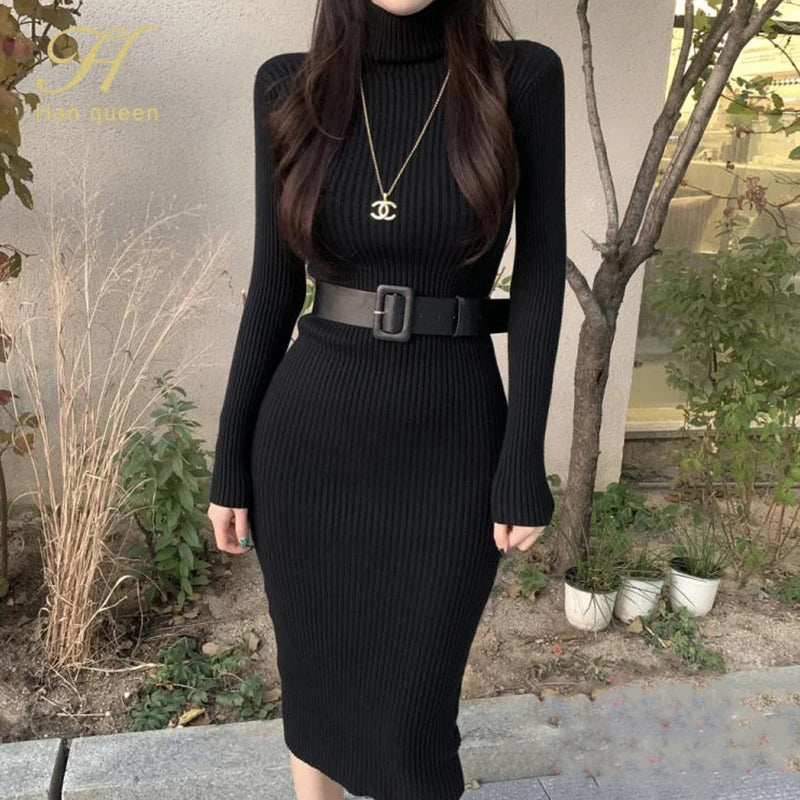 Knit Dresses- Long Sleeve Turtleneck Ribbed Knit Bodycon Midi Dress + Belt